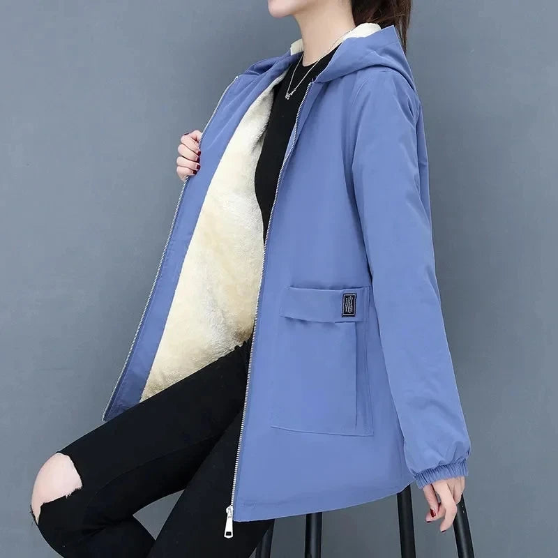 2024 New Winter Jacket Cotton Warm Puffer Coat Women Casual Parkas With Lining Plush hooded trench Outwear Women's Clothes