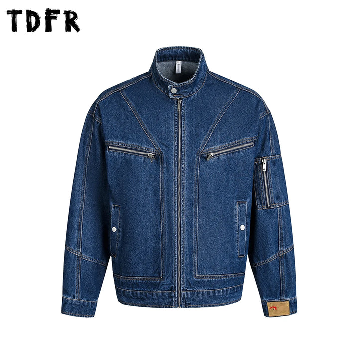 Zipper Decoration Denim Jacket Mens Spliced Retro Washed Distressed Stand Collar Long Sleeve Loose Jeans Jacket Man