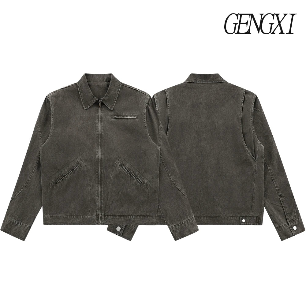 Fashionable retro washed distressed multi-pocket denim jacket New men's Detroit workwear jacket Clean Fit casual menswear