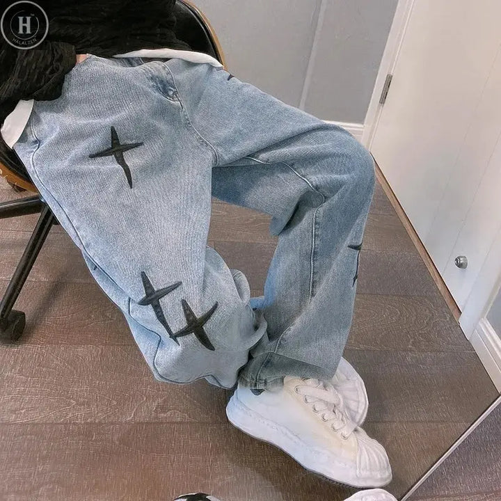 Boyfriend Vintage Fashion Straight Casual Loose Denim Cargo Pants Men Designer Prints Star Jeans Streetwear Loose Wide Leg Jeans HALALZEN