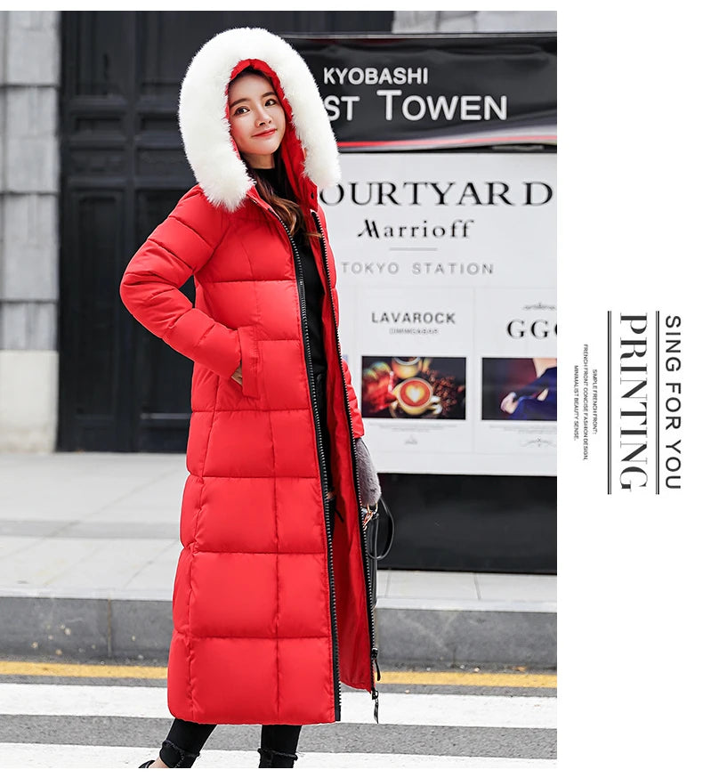 Fashion Warm Hooded Winter Coat Women Fur Collar Jacket Casual Bisic Coats Female Lady Lengthen Thickening Waterproof Slim Parka