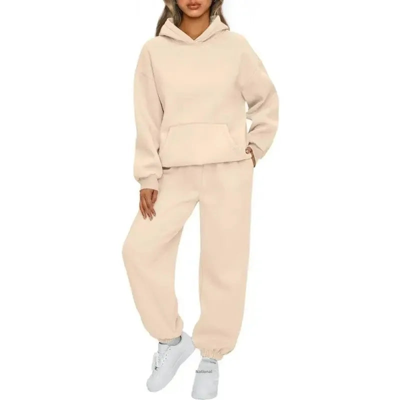 Fashionable Pure Color Autumn Winter Women's Two-Piece Set Casual Hoodie Sportswear Long Pants Ensemble Polyester Fiber