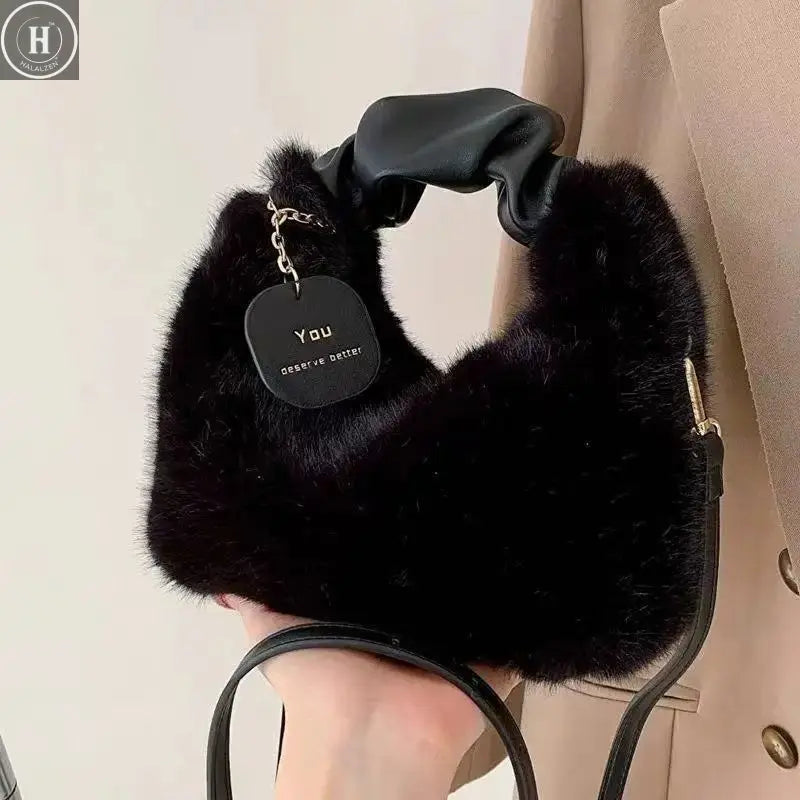 Women Faux Fur Plush Handbags Ruched Handle Small Lady Shoulder Crossbody Bag Casual Half-Moon Hobos Winter Bags for Women HALALZEN