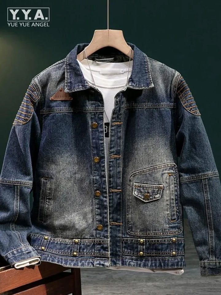 New Fashion Mens Retro Blue Denim Jacket Single Breasted Jackets Coat Autumn Casual Designer Mens Locomotive Cowboy Outerwear