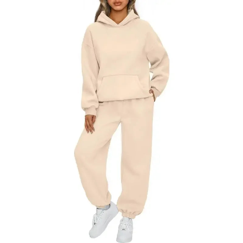 Fashionable Pure Color Autumn Winter Women's Two-Piece Set Casual Hoodie Sportswear Long Pants Ensemble Polyester Fiber