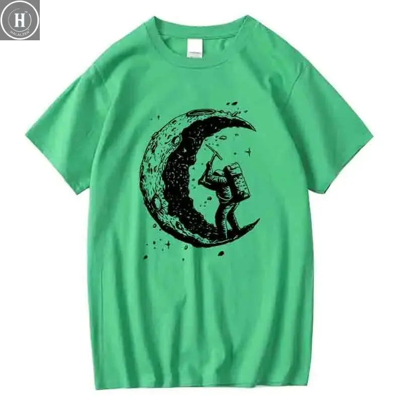 Men's High Quality 100% Cotton Moon Print Casual Summer Cool Short Sleeve Men Tshirt Loose t-shirt Male Tee Shirts Male Tee Tops HALALZEN