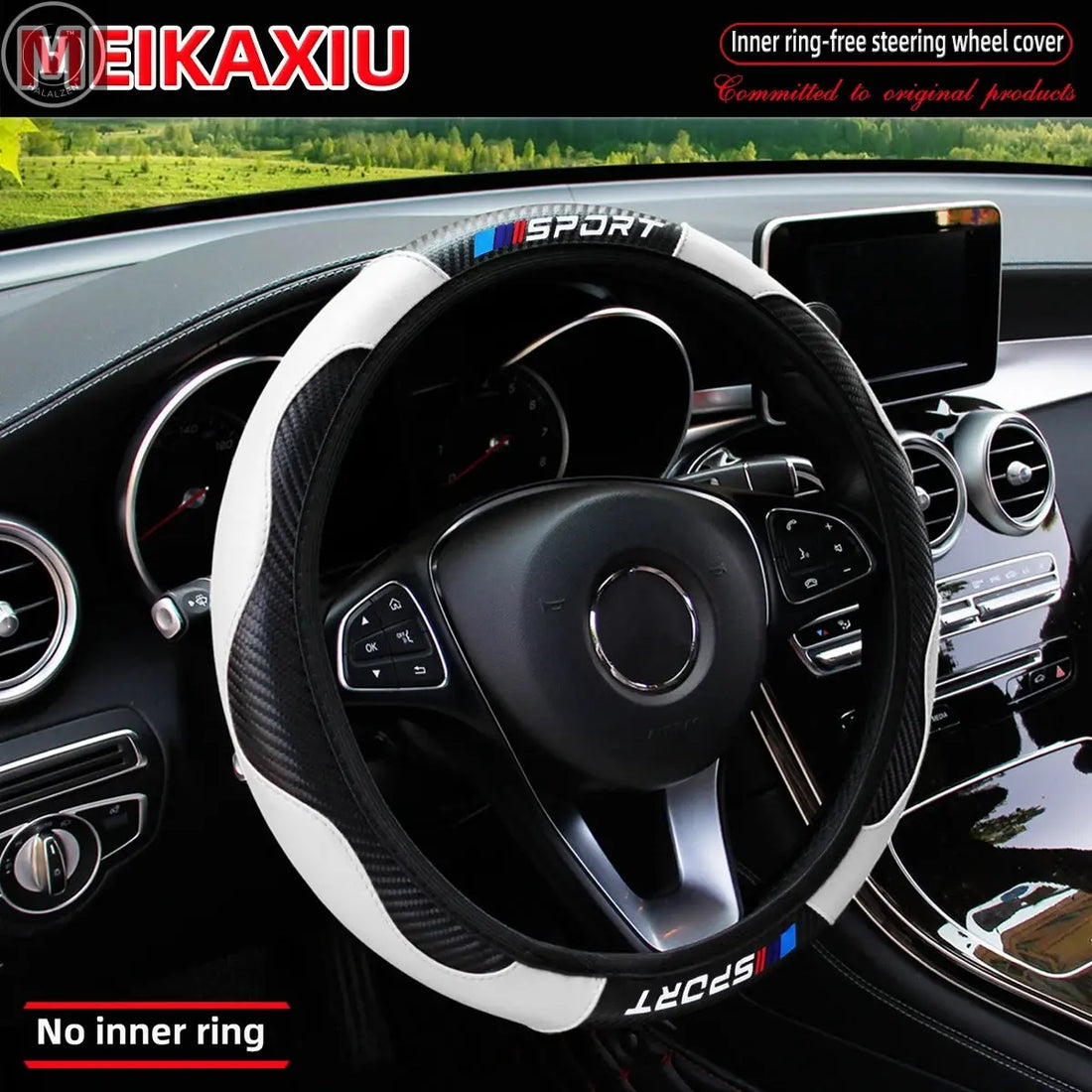 Carbon fiber leather SPORT car rimless steering wheel cover is suitable for 14.5 - 15-inch steering wheels as decoration items. HALALZEN