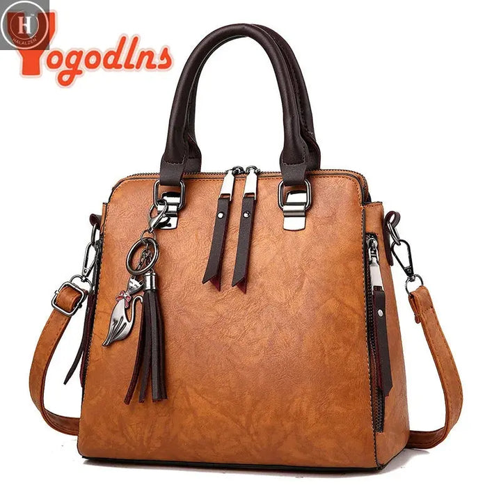 Yogodlns Vintage Leather Women's HandBags Ladies Messenger Bags Totes Tassel Designer Crossbody Shoulder Bag Boston Hand Bags HALALZEN