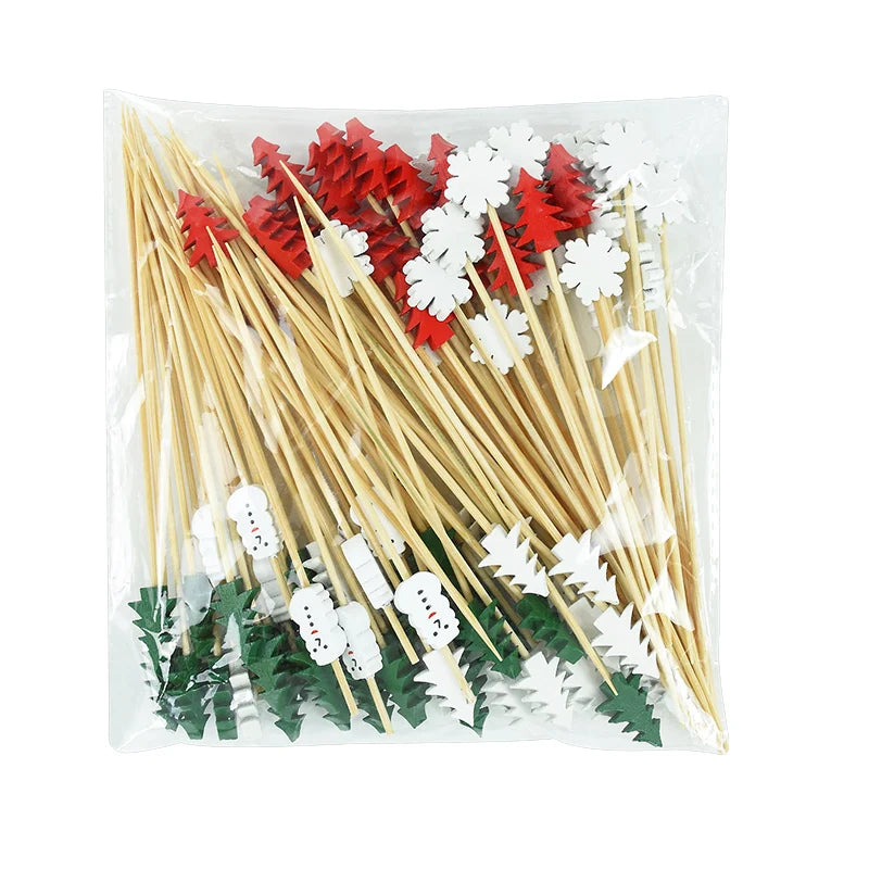 50Pcs Christmas Bamboo Food Picks Toothpicks Santa Dessert Buffet Fruit Salad Christmas Decoration New Year Xmas Party Supplies