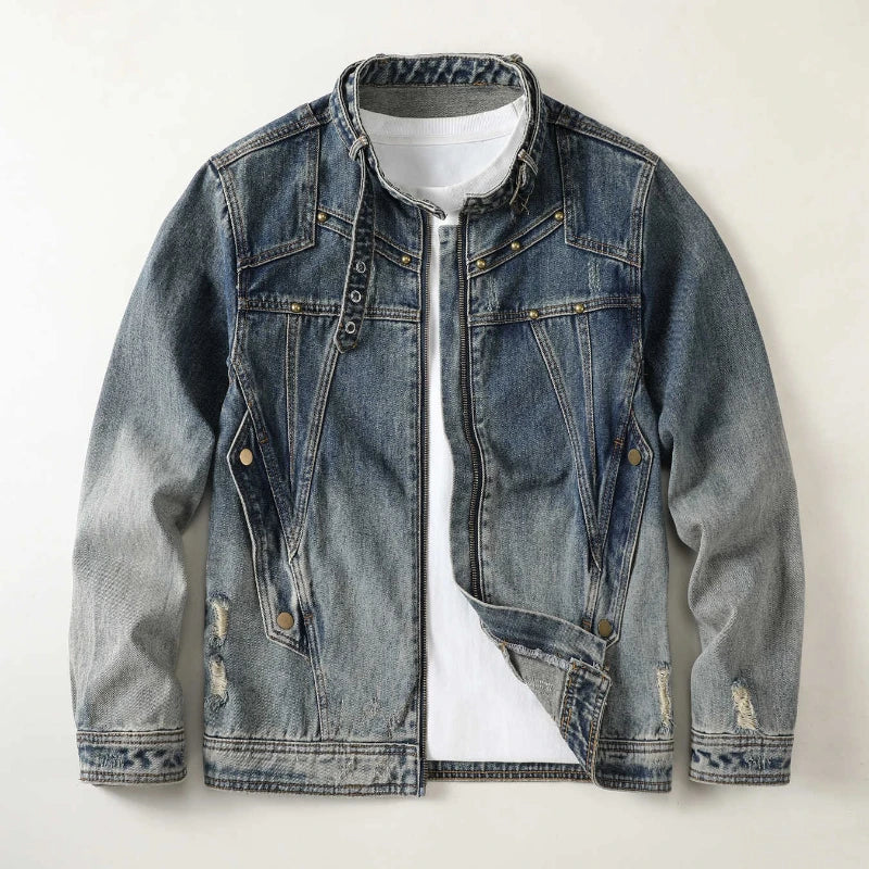 Men Stand Collar Loose Casual Gradient Splice Washed Denim Rivet Punk Rock Motorcycle Jacket Cityboy Plus Size Jeans Coat