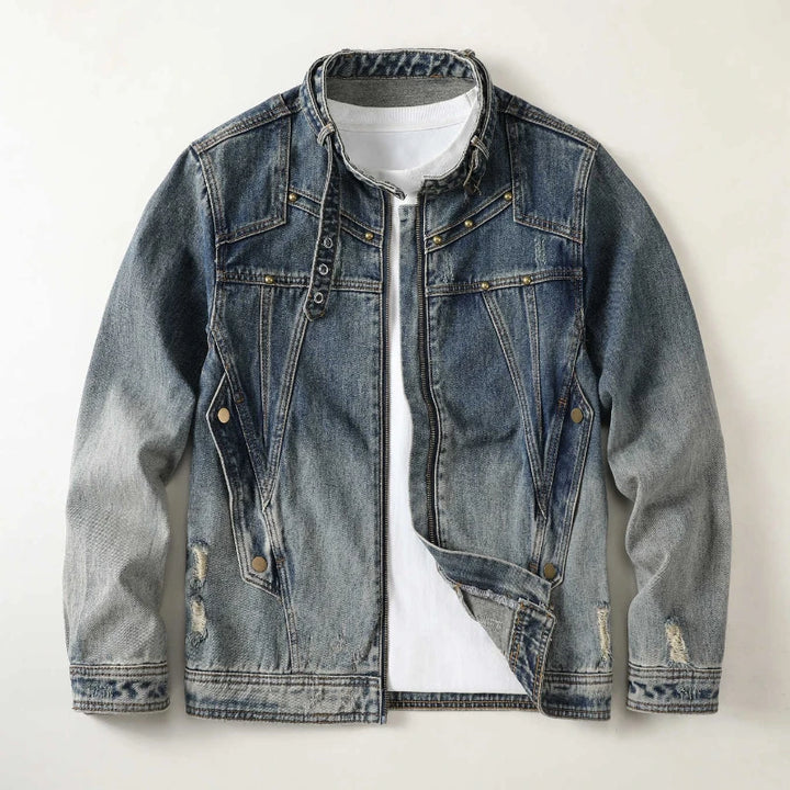 Men Stand Collar Loose Casual Gradient Splice Washed Denim Rivet Punk Rock Motorcycle Jacket Cityboy Plus Size Jeans Coat