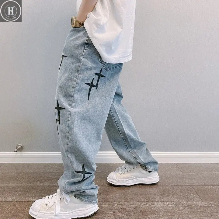 Boyfriend Vintage Fashion Straight Casual Loose Denim Cargo Pants Men Designer Prints Star Jeans Streetwear Loose Wide Leg Jeans HALALZEN