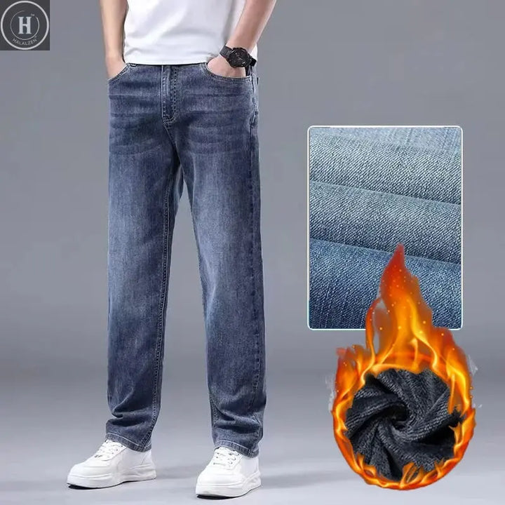 Men New Fleece Lined Thickened Jeans Male Winter Loose Straight Slim Fit Denim Pants High End Casual Elasticity Trousers HALALZEN