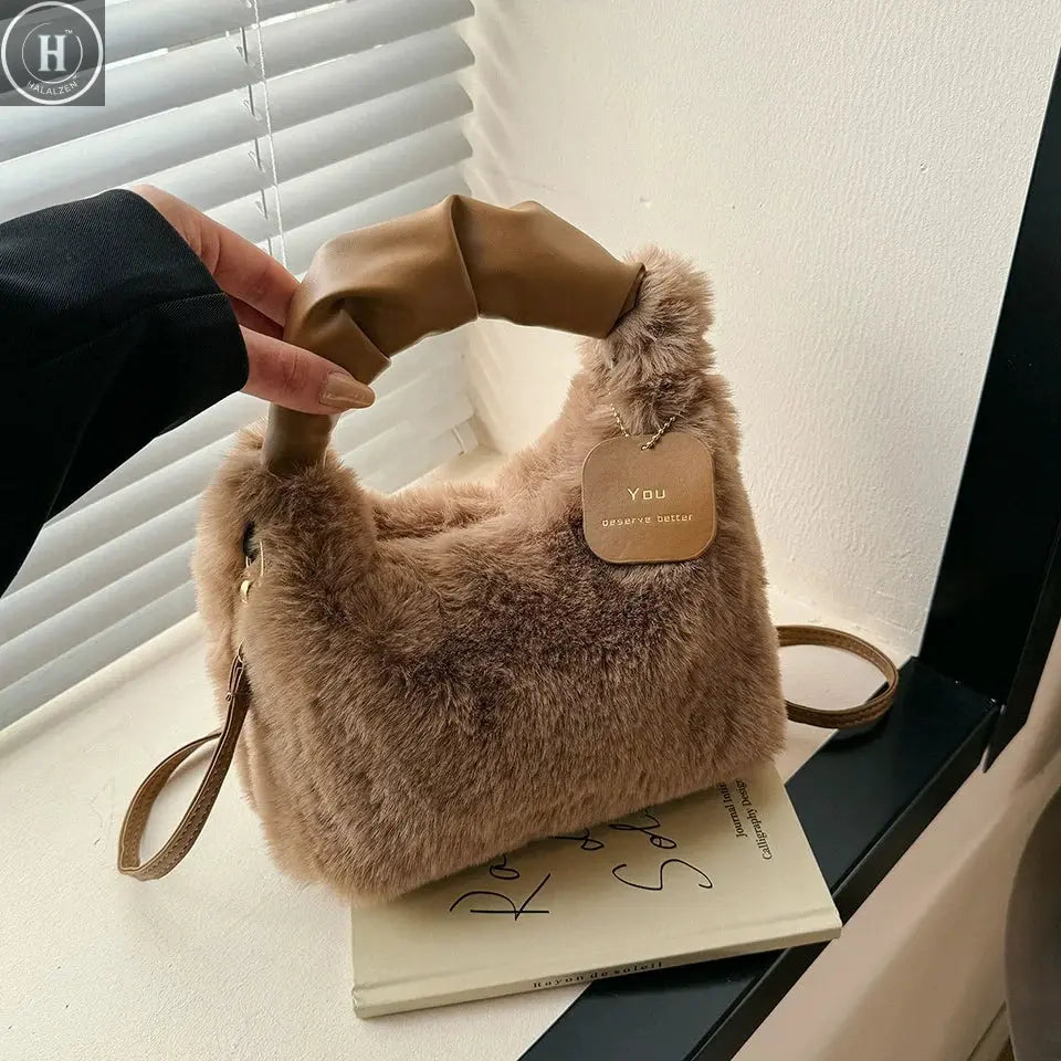 Women Faux Fur Plush Handbags Ruched Handle Small Lady Shoulder Crossbody Bag Casual Half-Moon Hobos Winter Bags for Women HALALZEN