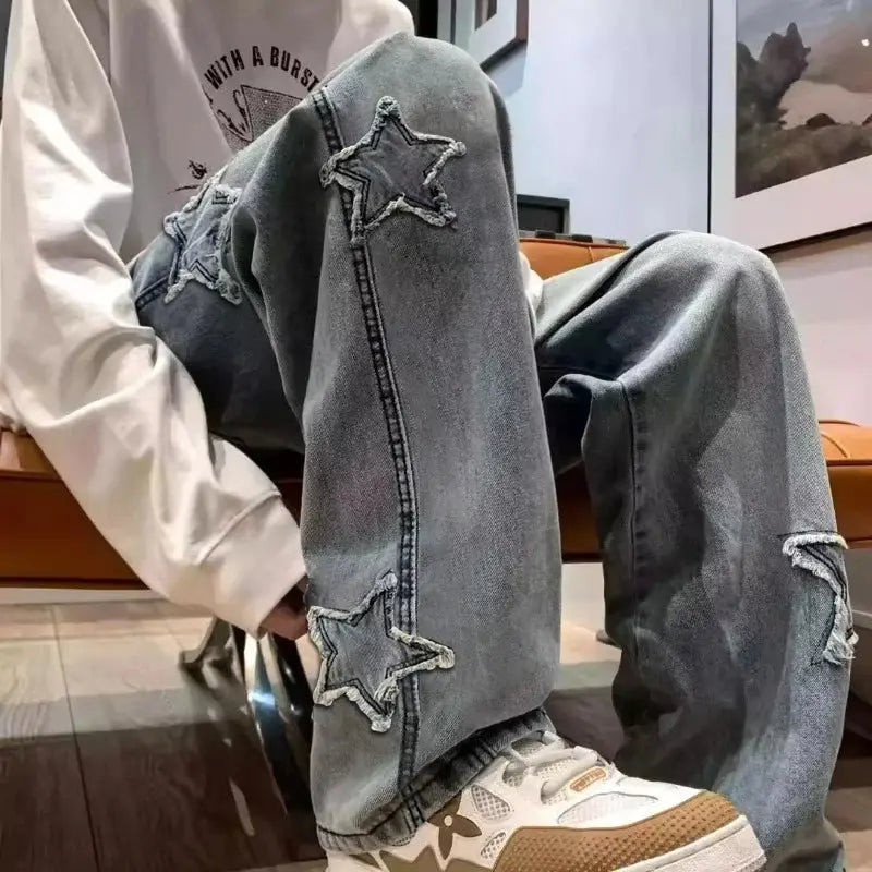 Stars Patchwork Men Jeans New Fashion Y2K Tassel Pants Korea Clothes Straight Hip Hop Splicing Trousers Male Streetwear Halalzen UK