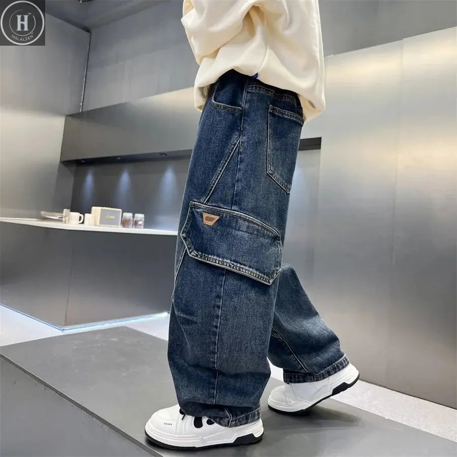 Elegant Children Boy Warm Thermal Cargo Jeans With Pocket Winter Trousers with Fleece Lined Thick Insulated Denim Pants 5-14 Y HALALZEN