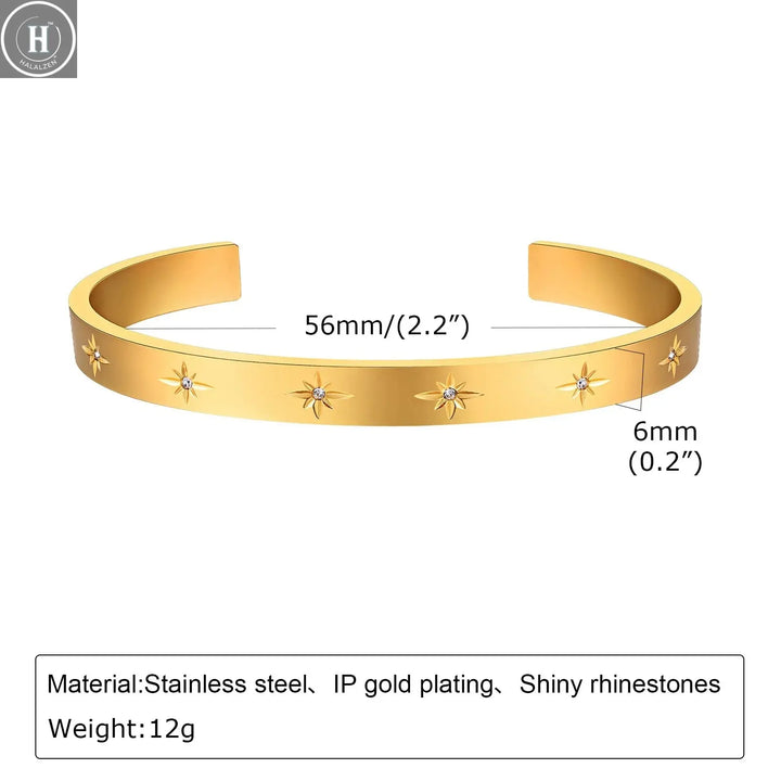 Open Adjustable Star Starburst Cuff Bangle Bracelet for Women Stainless Steel Cubic Zirconia Inlay Charm Layered Jewelry HALALZEN