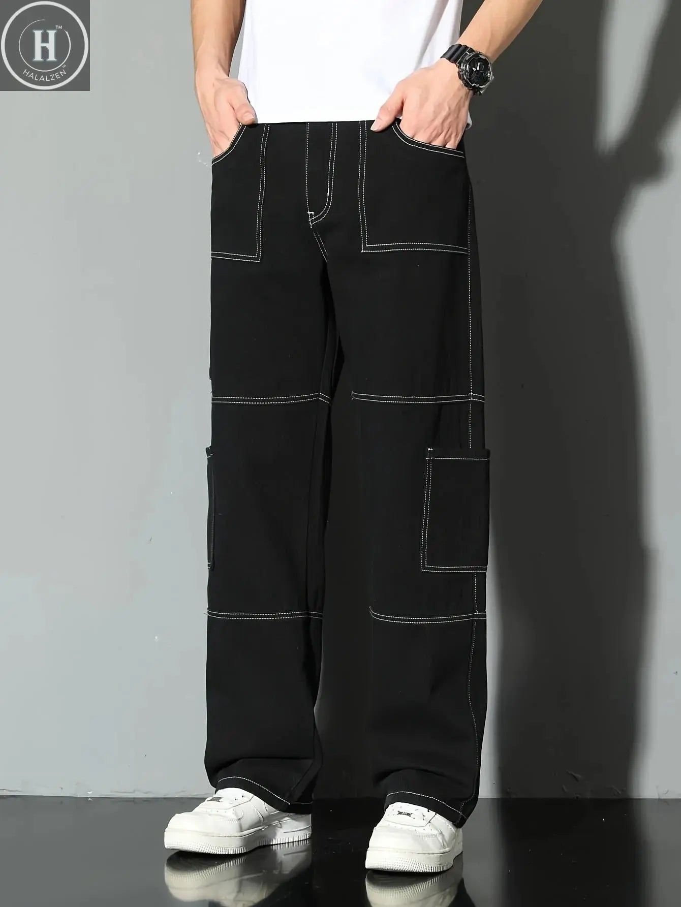 Men's fashion workwear jeans, denim trousers, loose straight-leg pants, all-season style, washed with multiple pockets Halalzen UK