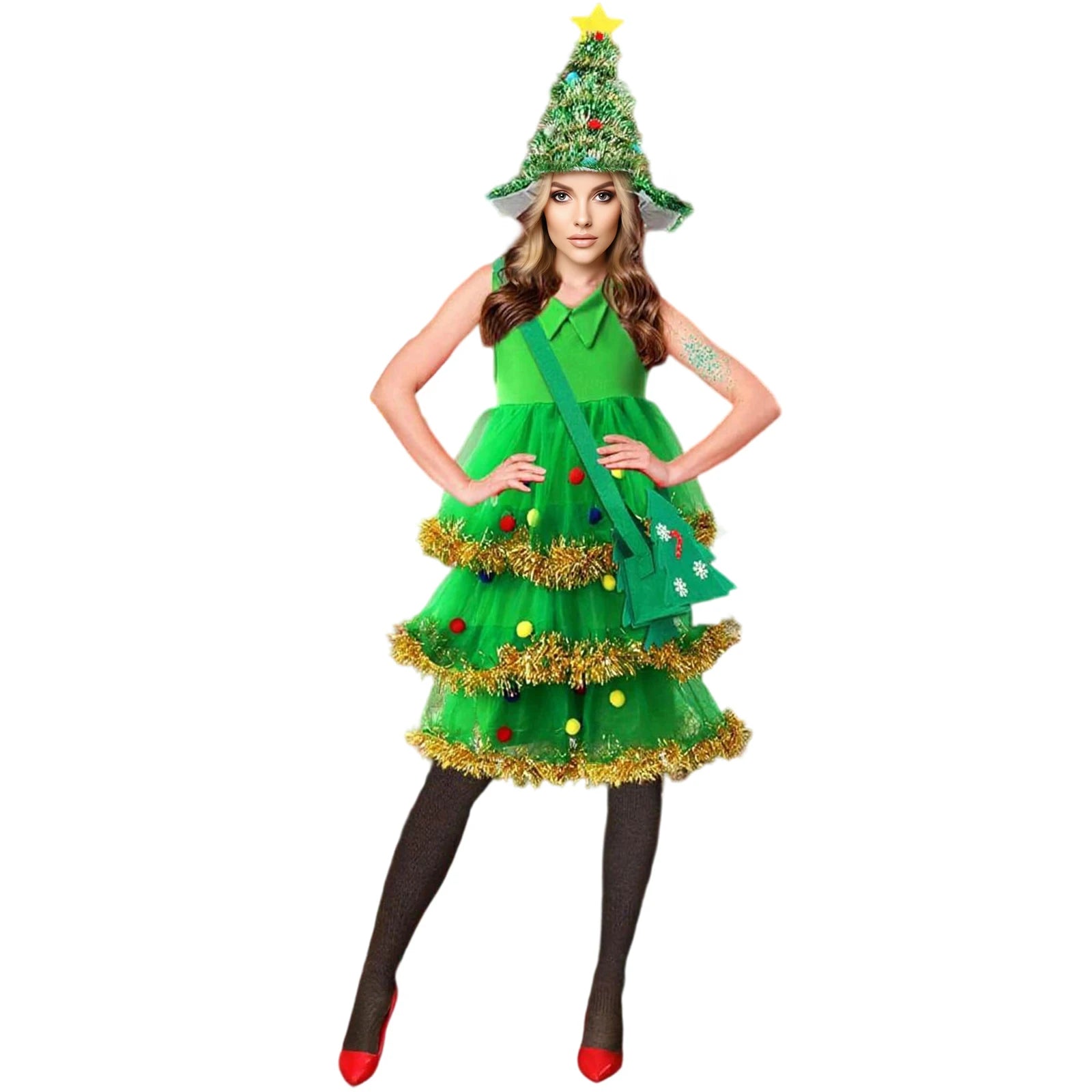 Women s Festive Christmas Tree Costume Set with Sparkling Tinsel Trim Tree Hat Dress Stockings and Matching Bag - 4 Piece