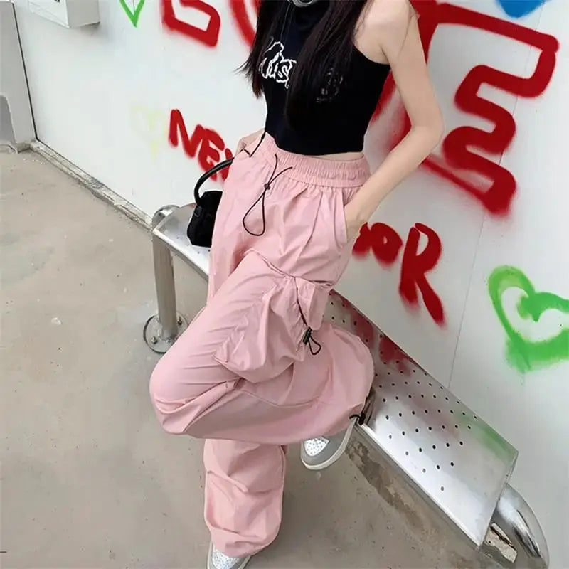 Y2K Parachute Black Pants Women Hippie Streetwear Oversize Pockets Cargo Trousers Harajuku Wide Leg Baggy Sweatpants Halalzen UK