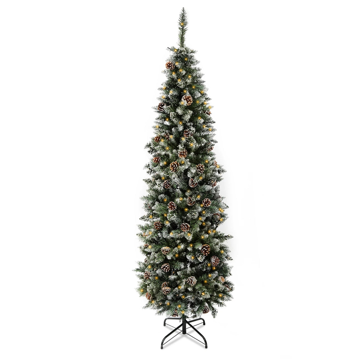 7.5 Ft Pre-Decorated Pencil Christmas Tree Holiday Tree w Clear Lights Pine cones 955 PVC Flocked Frosted Tips 400 LED Lights