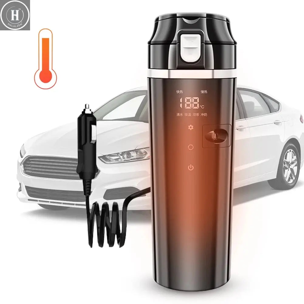 12V/24V Car Heating Cup Digital LCD Display Electric Kettle Stainless Steel Car Heated Smart Mug 500ML Coffee Milk Heated Kettle HALALZEN