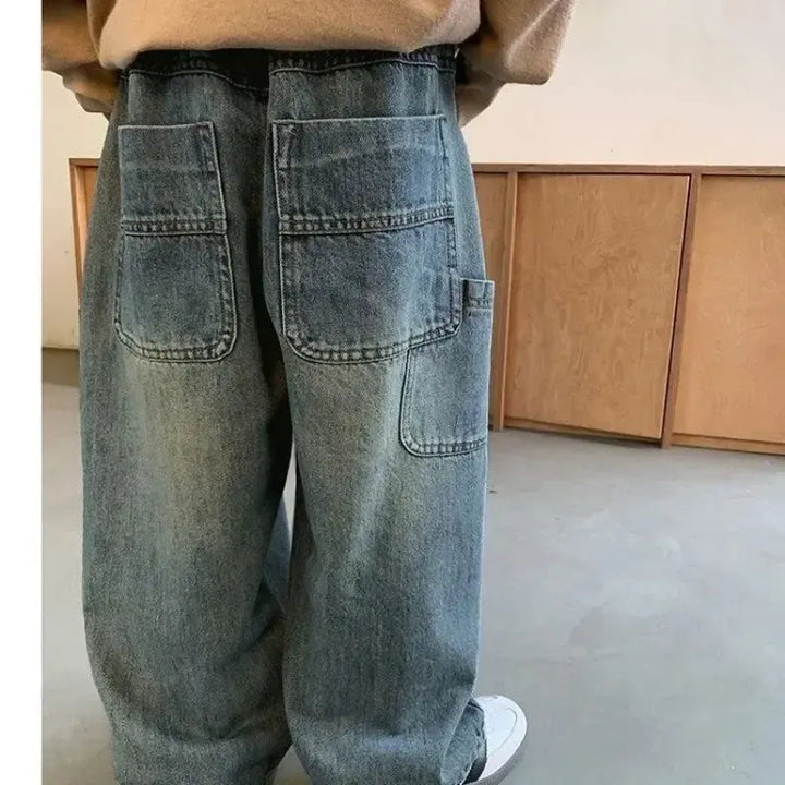 Children's Retro Jeans Loose Straight Pants Wide Leg Pants for Boys and Girls 2025 New Spring Autumn Kid's Denim Pocket Trousers HALALZEN