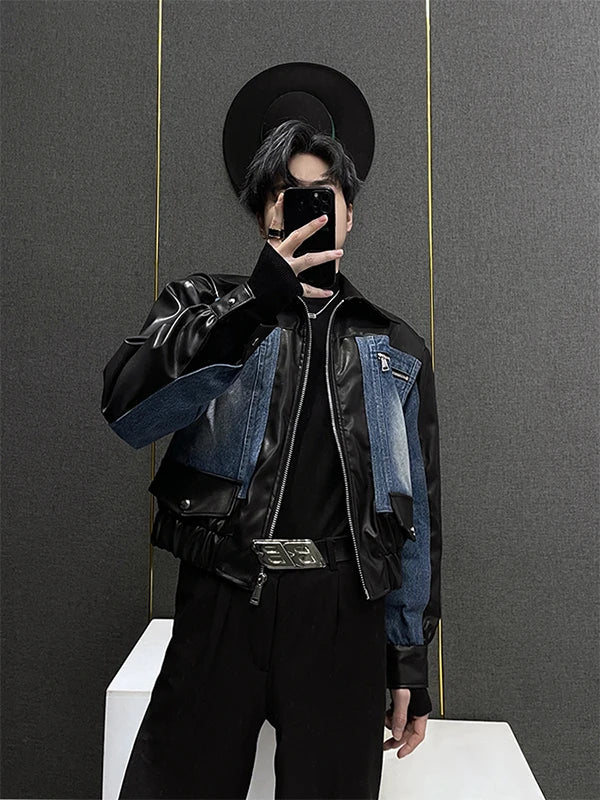 Retro Patchwork Leather Denim Jaet Men's Spring Autumn ort Sle Casual Top Korean Trend Brand Straight Hemline Zipper