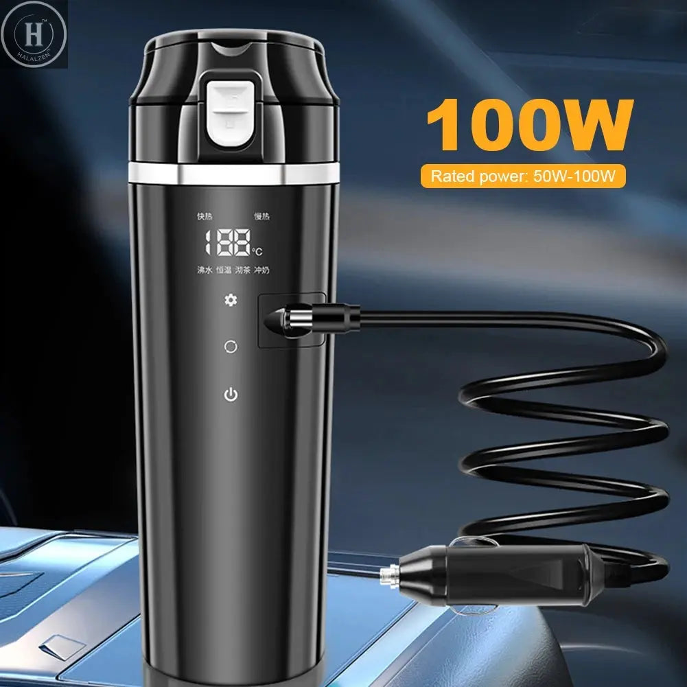 12V/24V Car Heating Cup Digital LCD Display Electric Kettle Stainless Steel Car Heated Smart Mug 500ML Coffee Milk Heated Kettle HALALZEN