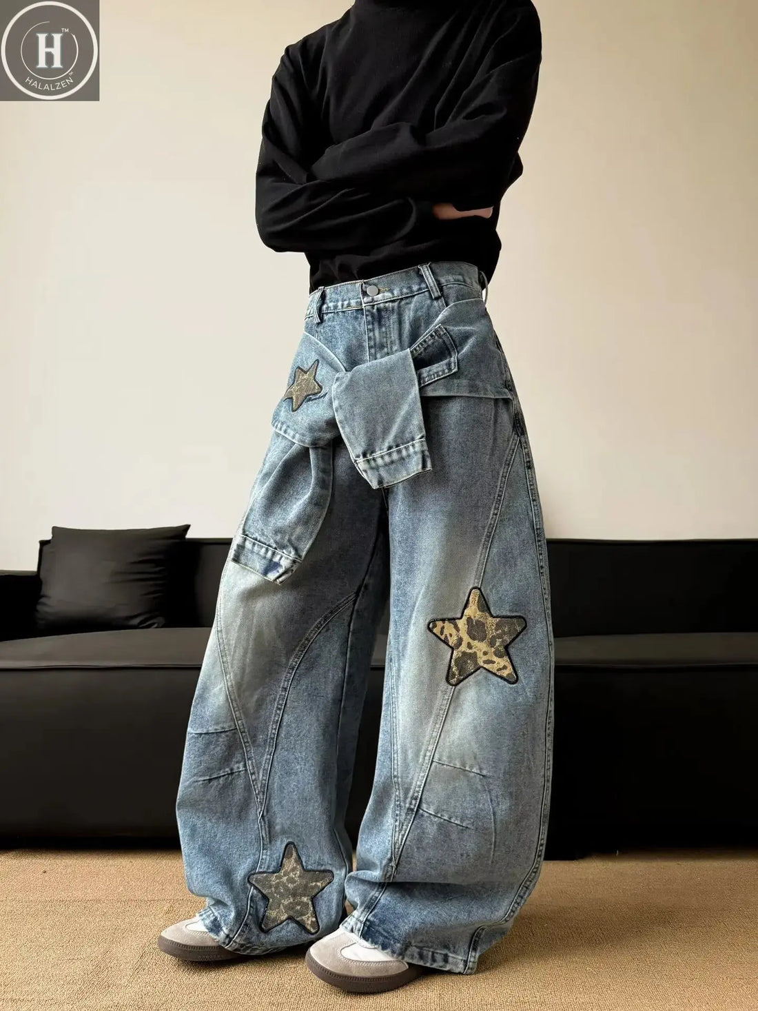 Men's Wide Leg Jeans with Patchwork Embroidery - Deconstructed Scimitar Straight Leg Pants, Button Closure Washed, Loose Fit Ame Halalzen UK