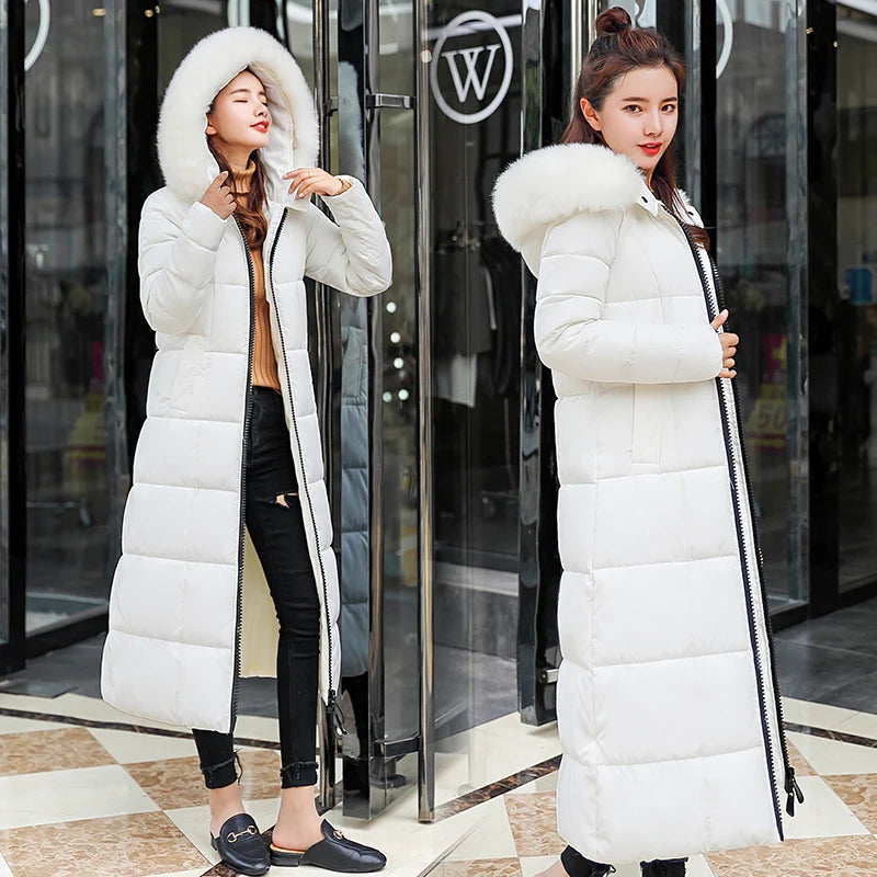 Fashion Warm Hooded Winter Coat Women Fur Collar Jacket Casual Bisic Coats Female Lady Lengthen Thickening Waterproof Slim Parka