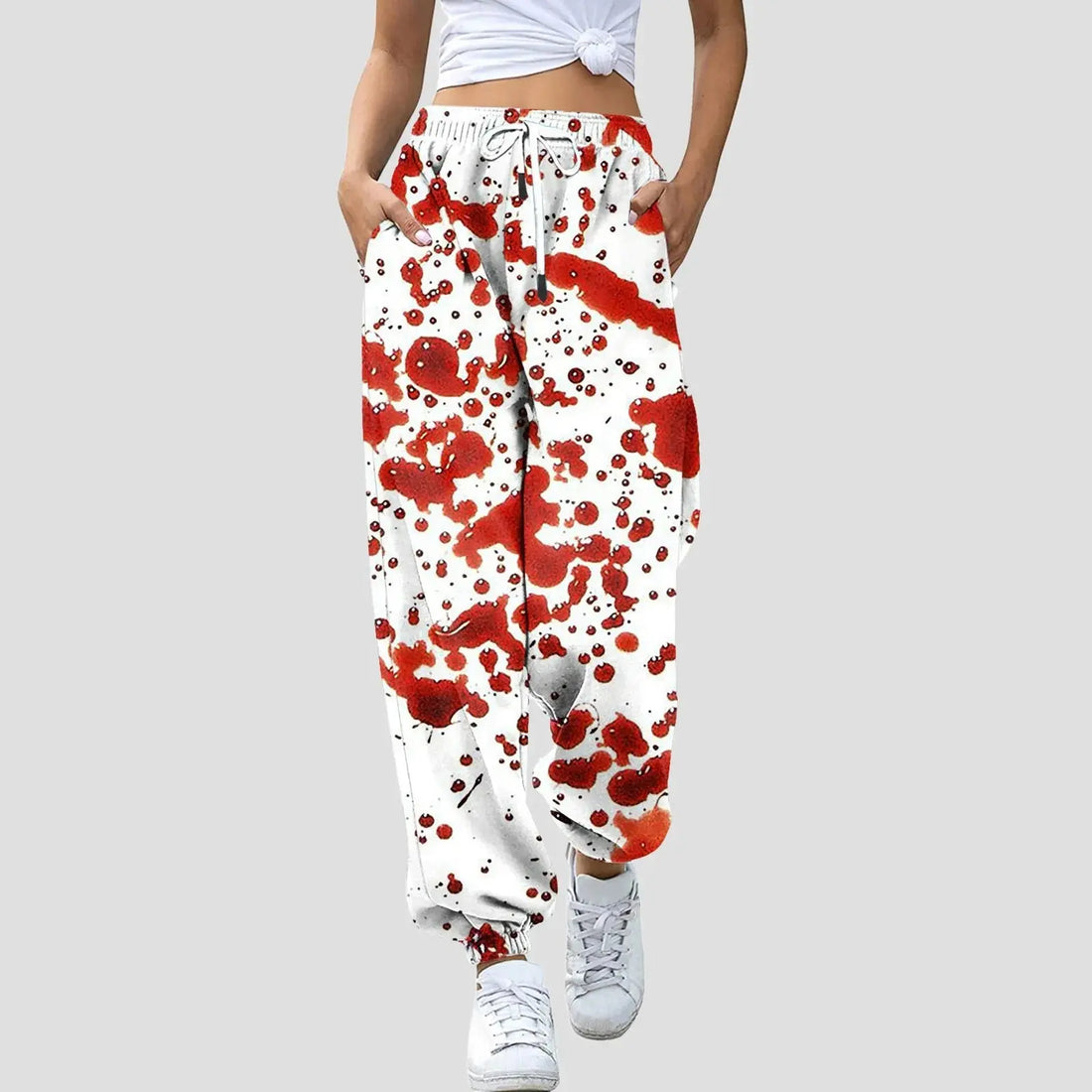 Women Halloween Blood Print Pants Bottom Sweatpants Drawstring Pockets High Waist Sporty Gym Athletic Fit Jogger Pants Trousers Halalzen UK