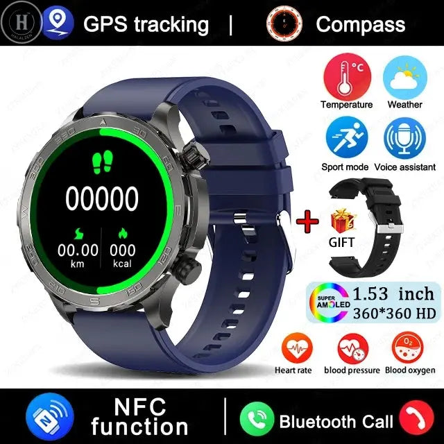 New GPS Track Smart Watch Men AMOLED HD Screen Outdoor Sports Fitness Heart Rate NFC IP68 Waterproof Bluetooth Call Smart Watch HALALZEN
