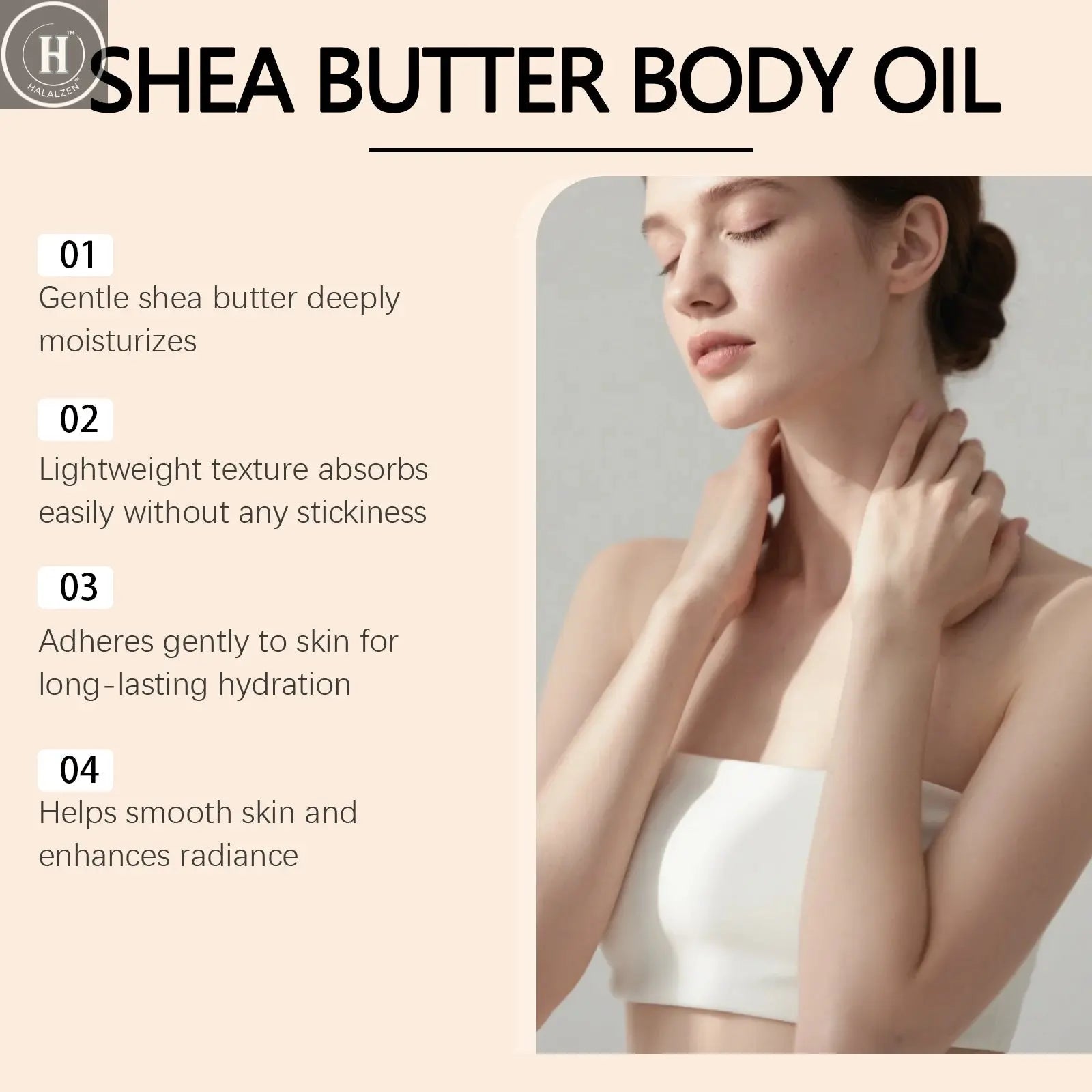 100% Natural Shea Butter Massage Oil Intense Moisture for Dry Skin Lightweight & Fast Absorbing All Skin Types Stretch Mark Care HALALZEN