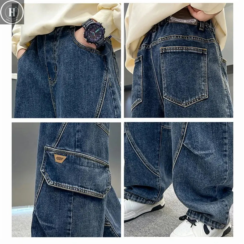 Elegant Children Boy Warm Thermal Cargo Jeans With Pocket Winter Trousers with Fleece Lined Thick Insulated Denim Pants 5-14 Y HALALZEN