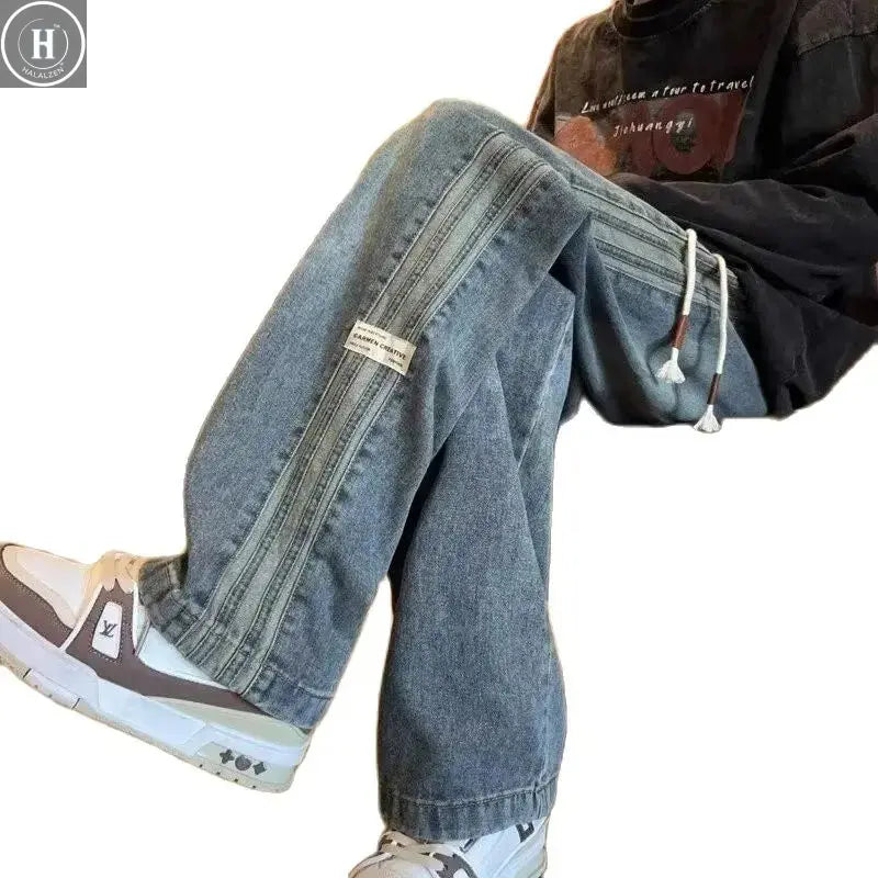 Three bar American retro jeans men's spring and autumn new style high street elastic waist loose casual men's straight leg long HALALZEN