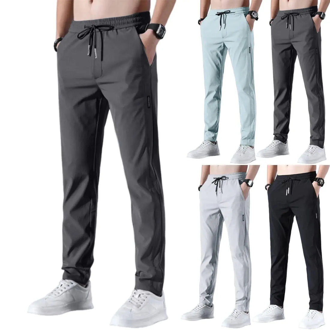 Men Fast Dry Stretch Pants Ice Silk Trousers Solid Color Mid-Waist Loose Breathable Straight-Leg Casual Pants Thin Sports Pants Halalzen UK