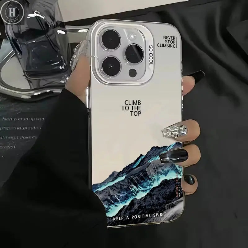 Snow Mountain Landscape Sunset Electroplate Silver Phone Case For iPhone 16 Pro 17 11 12 13 14 15 Pro Max Air 16E Back Cover Halalzen UK