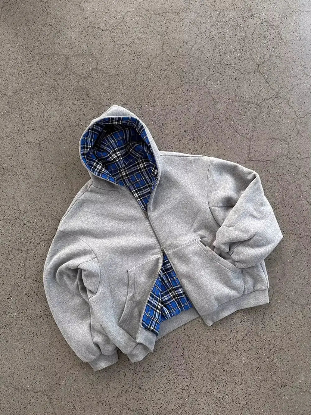2026 New Double-Sided Blue Plaid Hoodie Men Women Embroidered Loose Zipper Hooded Jacket Y2K Streetwear Casual Couple Sweatshirt