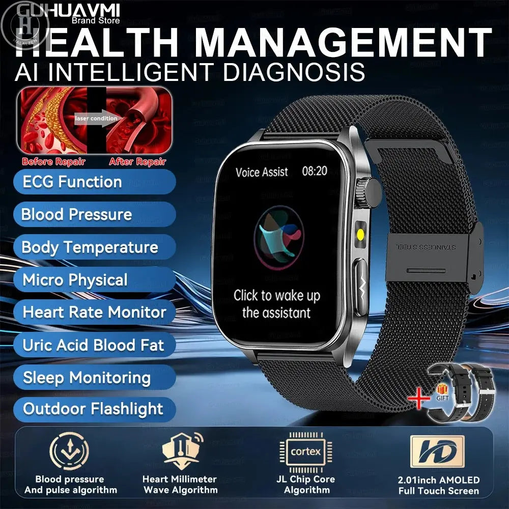 2026 New 650nm Laser Therapy Health Smartwatch Men ECG Blood Pressure Lipid Uric Acid Bluetooth Call Smart Watch For Android IOS HALALZEN