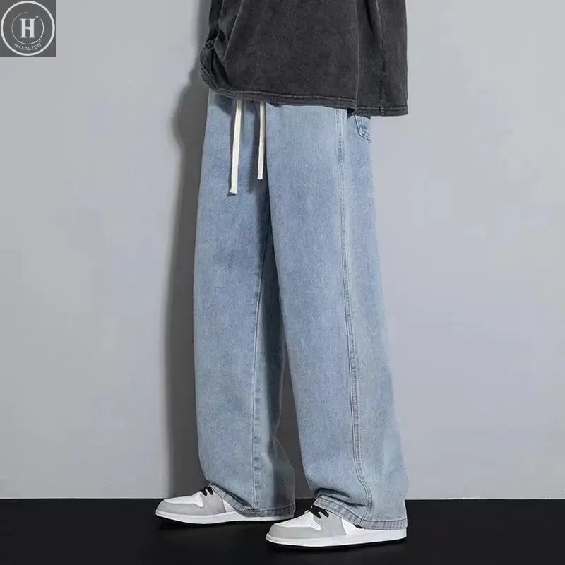 Men's Winter Fleece Loose Jeans  Elastic Waist Wide Leg Y2K Denim Pants Straight Comfortable Brand Men's Clothing HALALZEN