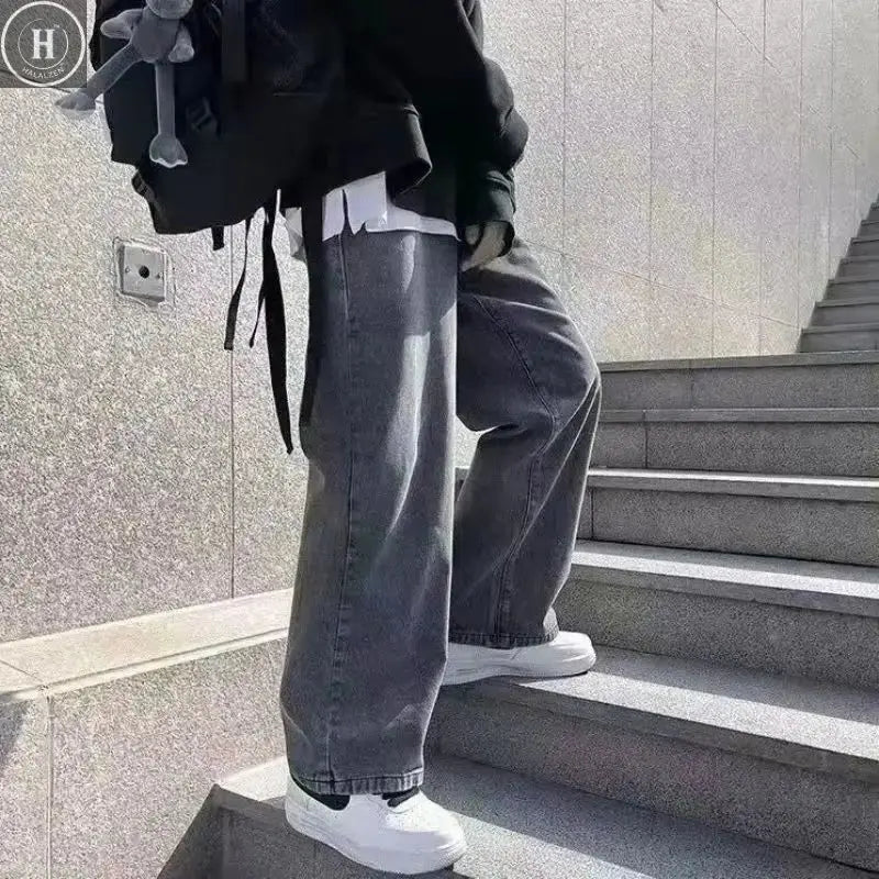 Korean Solid Colors Men's Casual Long Jeans Classic Man Four Seasons Straight Denim Wide-leg Pants Light Blue Grey Black 3XL Halalzen UK