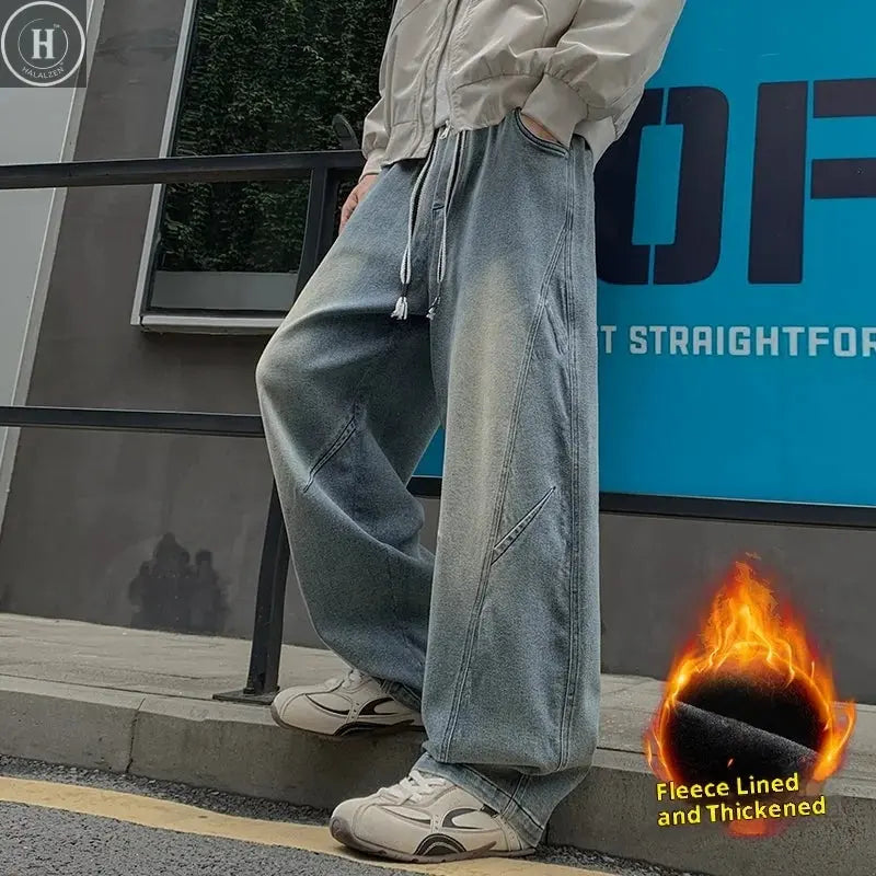 New Men's Fleece-Lined Wide-Leg Jeans Winter Vintage Washed Elastic Drawstring Waist Denim Trousers Men 8XL Loose Fit Jean Pants HALALZEN