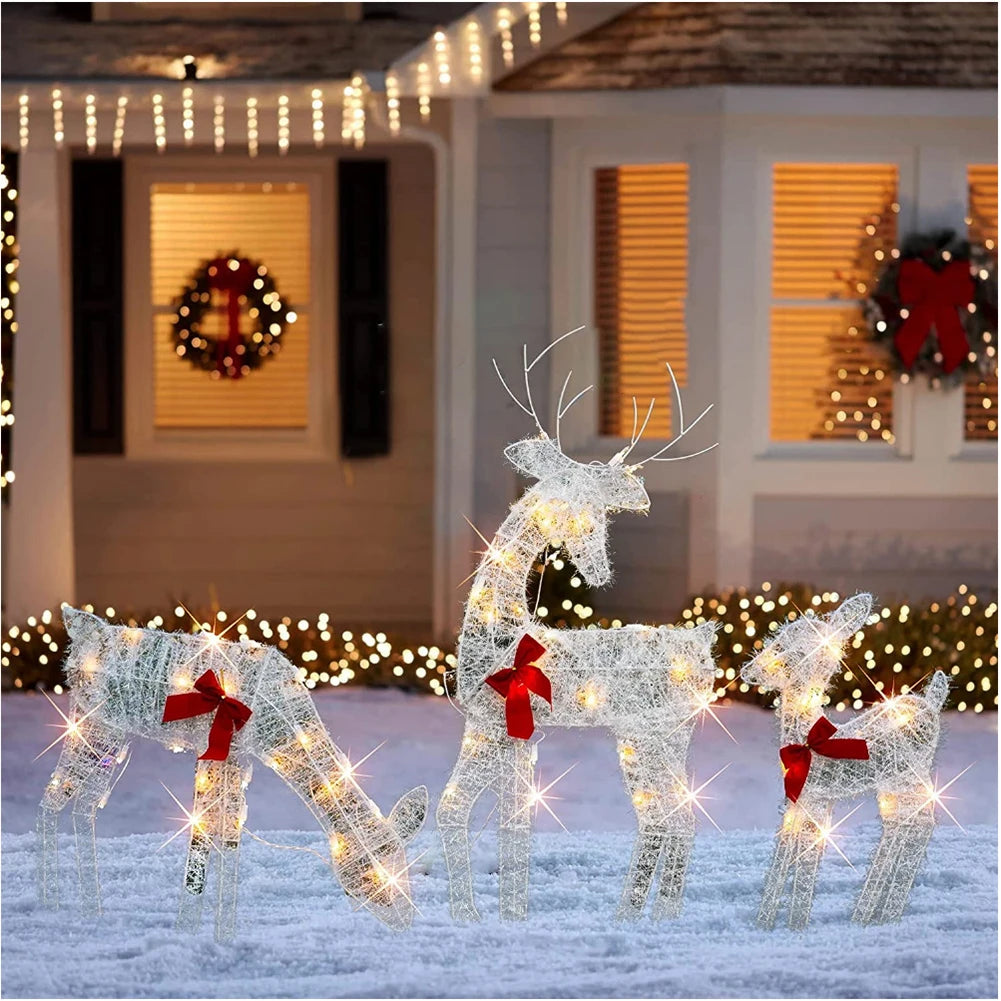 3Pcs LED Light Bucks Iron Art with 5Pcs LED String Light 2D Deer Christmas Decor Light Up Bucks Metal for Yard Patio Lawn Decor