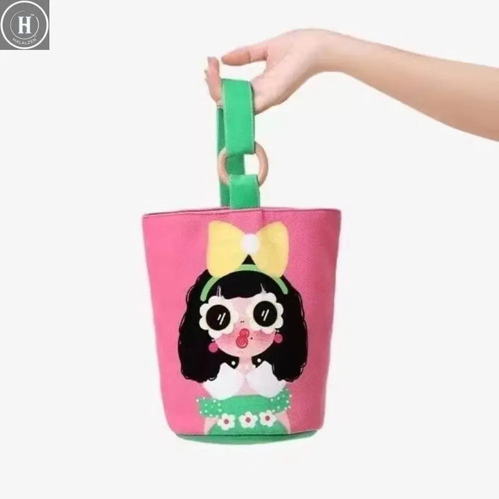 Cartoon Girl Canvas Bucket Bag Korean Style Shoulder Bag Y2K Outing Shopping Bag Women Sweet Cute Handbag Student Lunch Bag HALALZEN