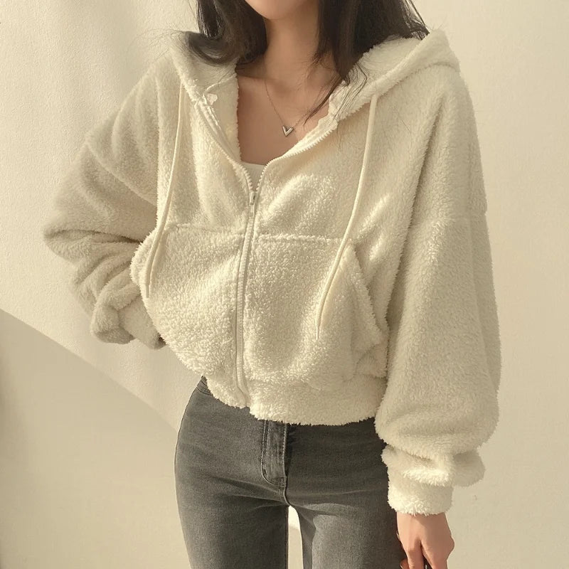 Women Autumn Winter Thicken Warm Fleece Hoodie Zipper Drawstring Short Coat Lamb Fur Velvet Jacket Casual Sweatshirt Streetwear