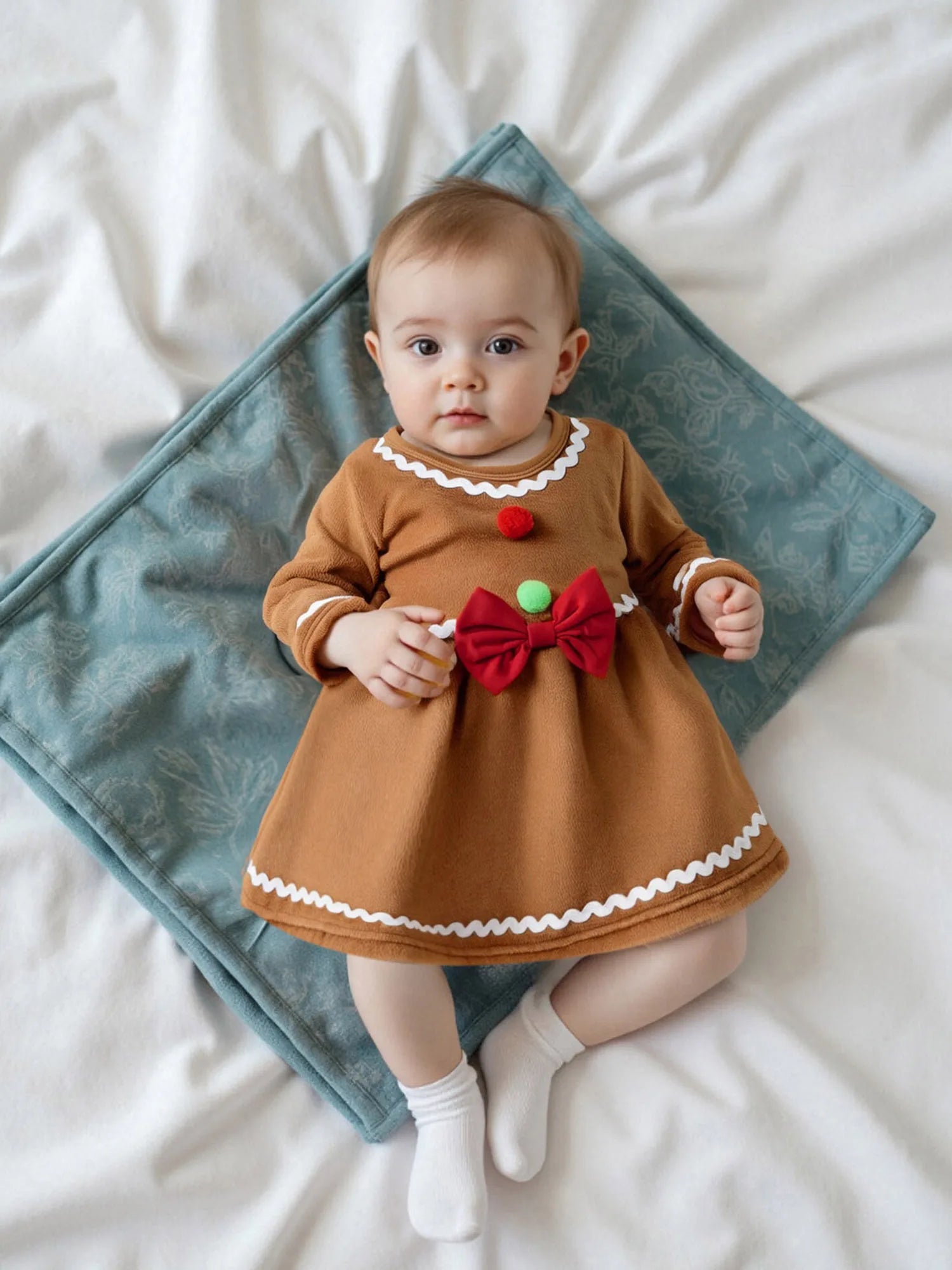 Cute Baby Boy Santa Claus Print Romper Round Neck Long Sleeves Bow Decor Christmas Jumpsuit Toddler Xmas Outfit