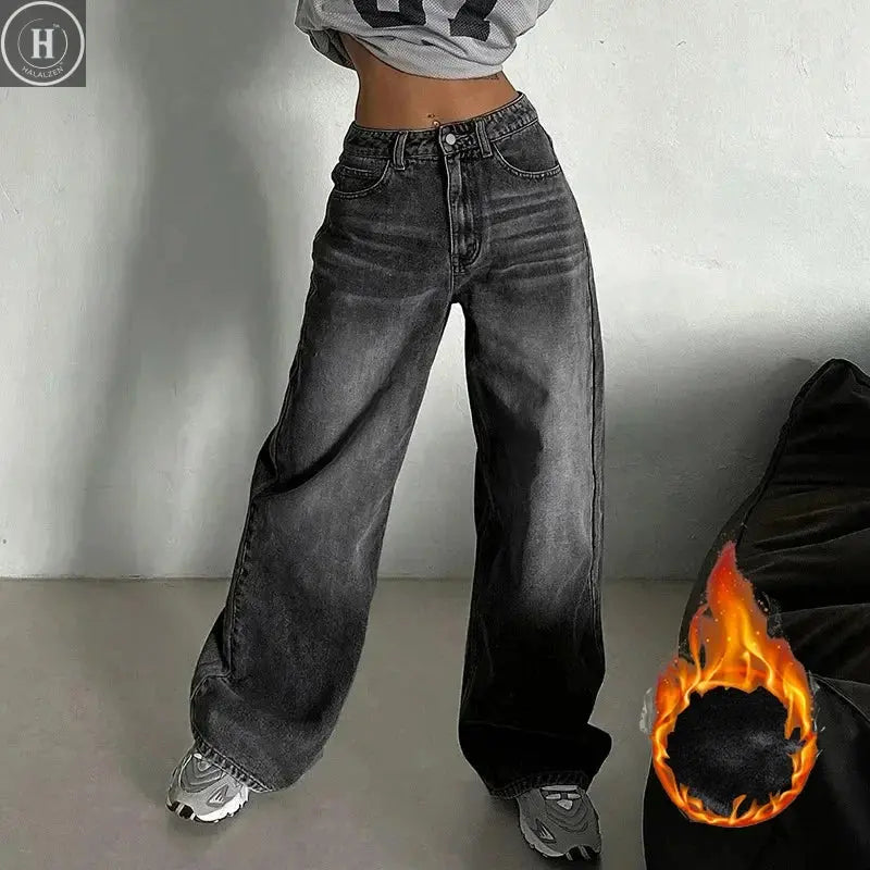 Winter Women Classic Snow Warm High Waist Jeans Girls Fleece Thermal Denim Pants Lady Baggy Straight Leg Plush Trousers Halalzen UK