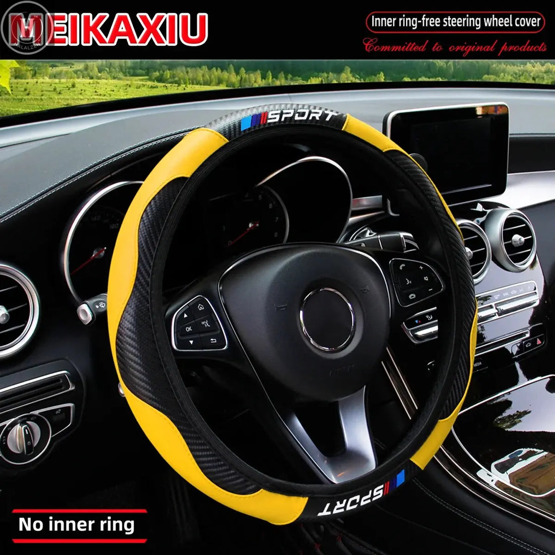 Carbon fiber leather SPORT car rimless steering wheel cover is suitable for 14.5 - 15-inch steering wheels as decoration items. HALALZEN