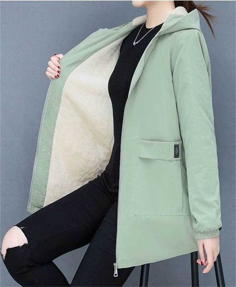 2024 New Winter Jacket Cotton Warm Puffer Coat Women Casual Parkas With Lining Plush hooded trench Outwear Women's Clothes